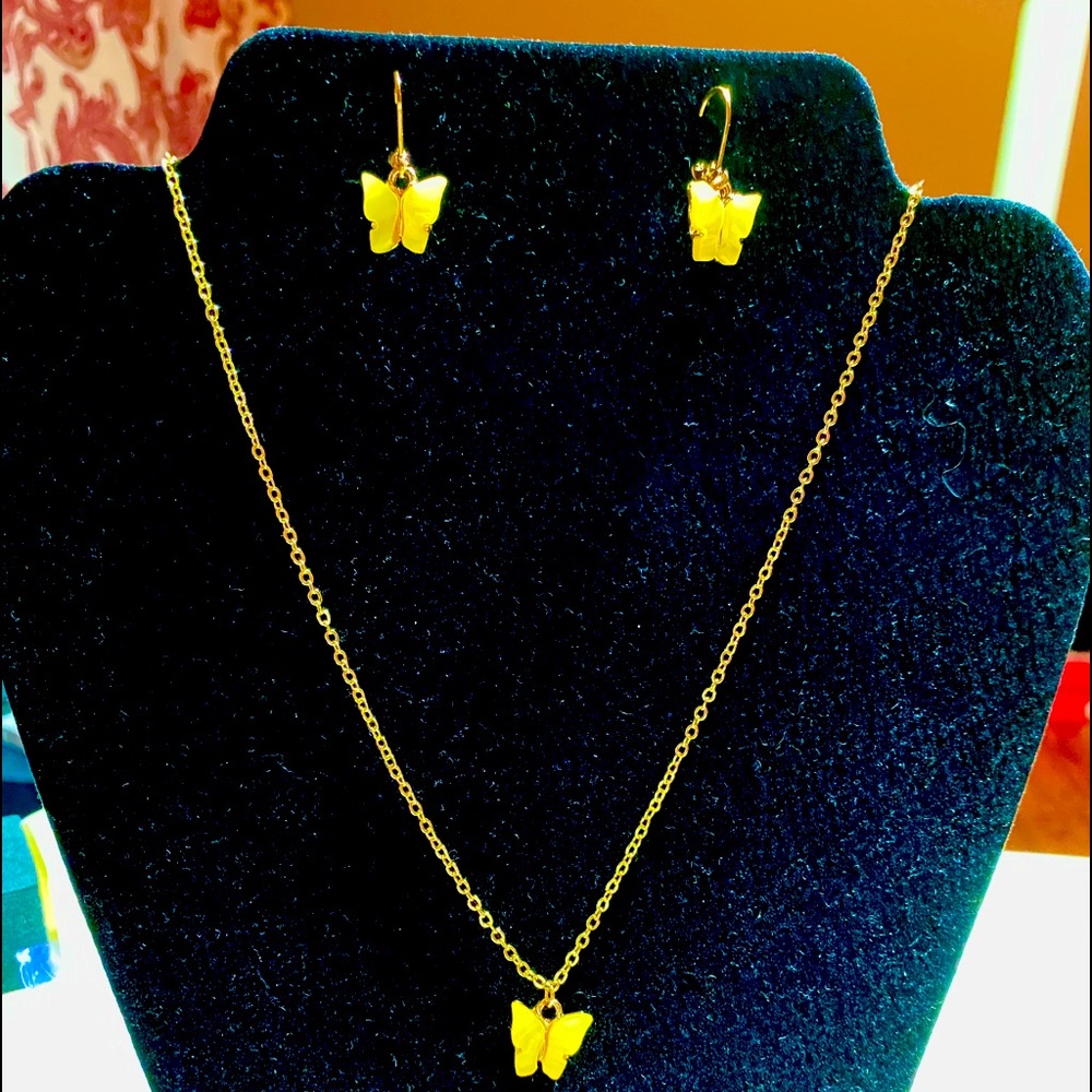 Yellow /Gold Butterfly Necklace and Earrings Set
